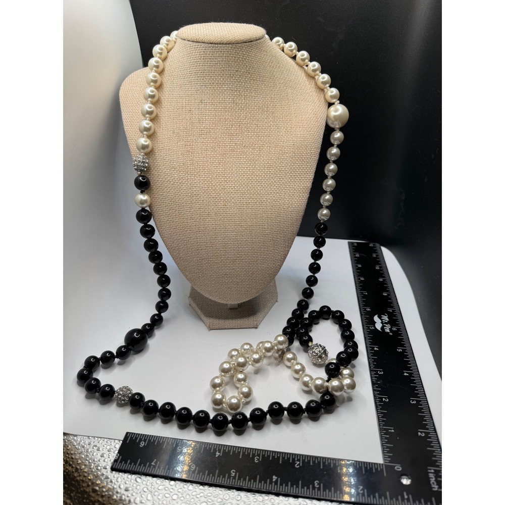 Chicos Long Faux Pearl and Black Bead Opera Necklace with‎ Pave Crystal Accents
